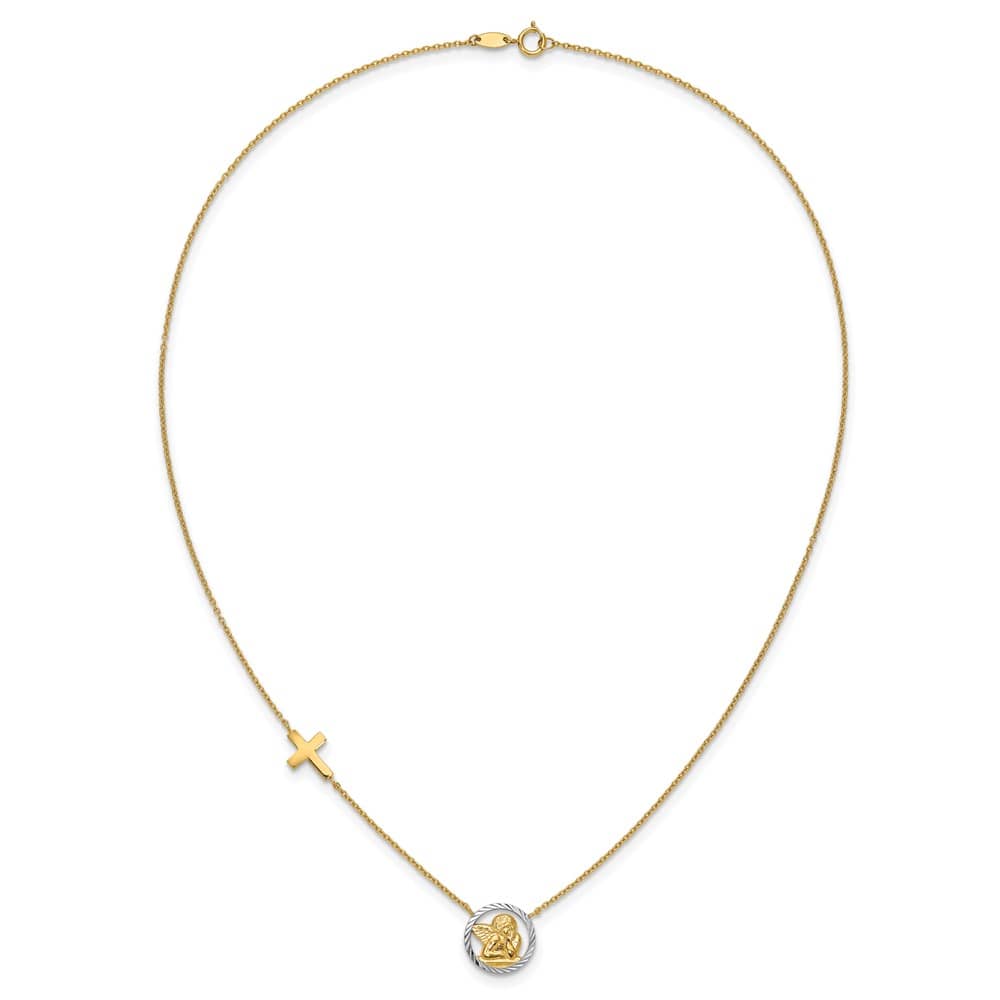 14K Yellow Gold D.C. Angel and Cross 17 inch Necklace