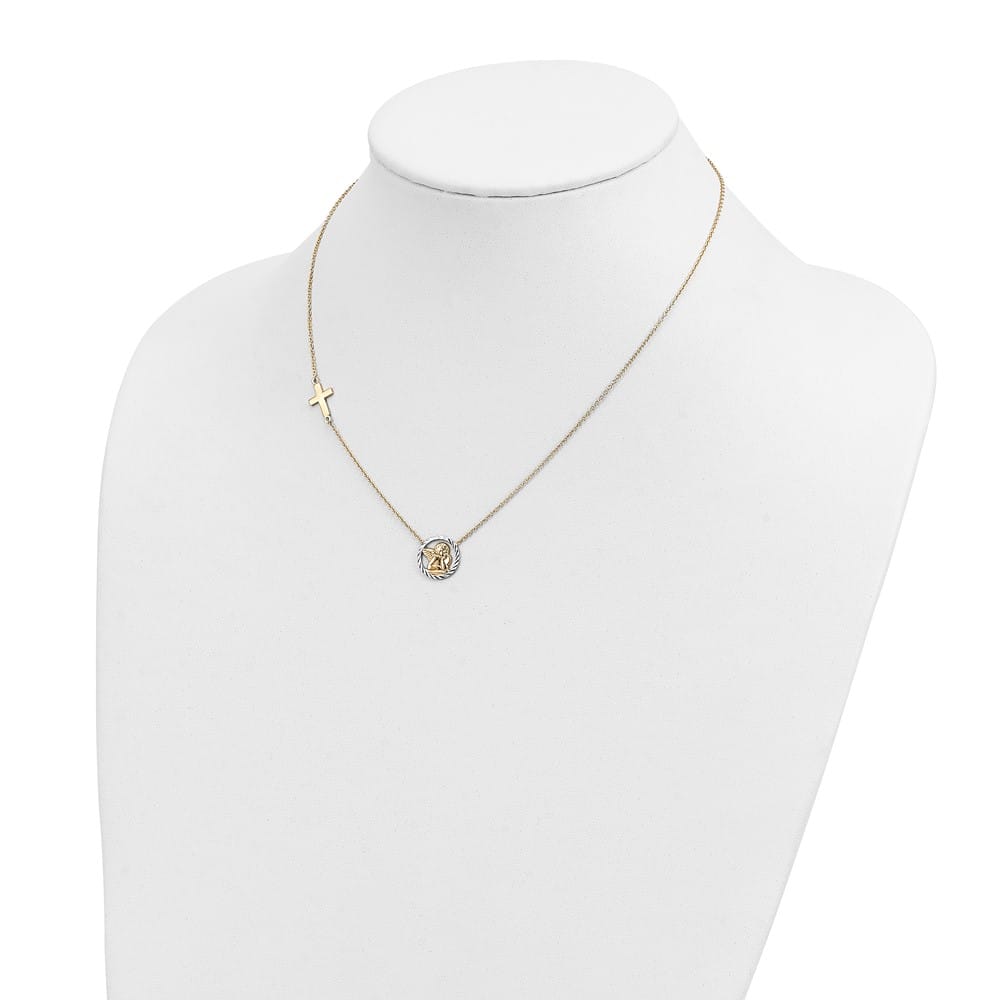 14K Yellow Gold D.C. Angel and Cross 17 inch Necklace