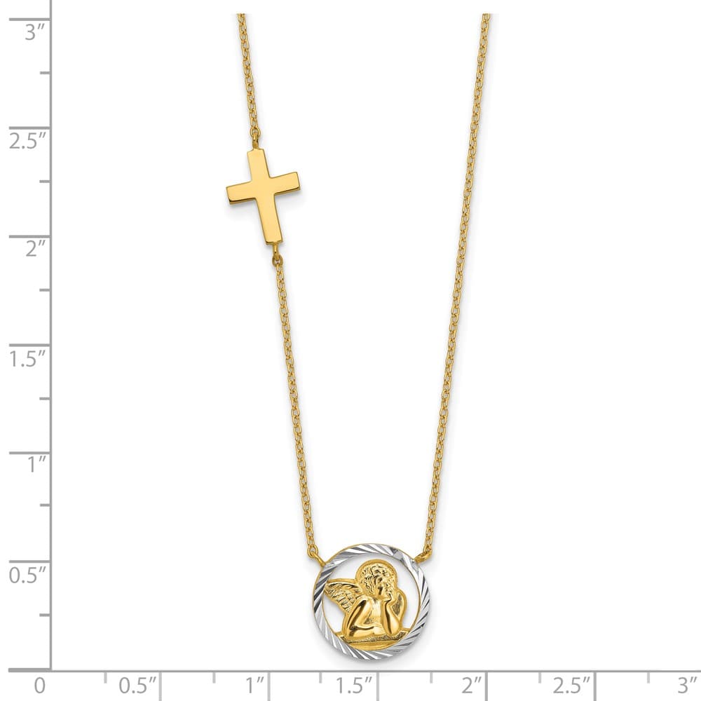14K Yellow Gold D.C. Angel and Cross 17 inch Necklace