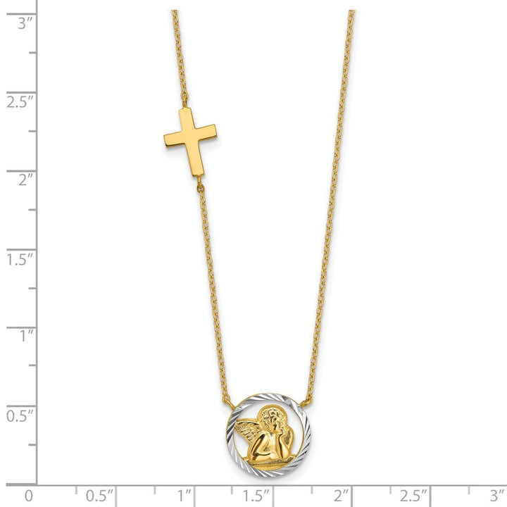 14K Yellow Gold D.C. Angel and Cross 17 inch Necklace