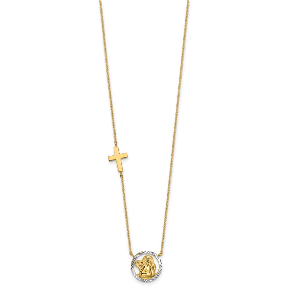 14K Yellow Gold D.C. Angel and Cross 17 inch Necklace