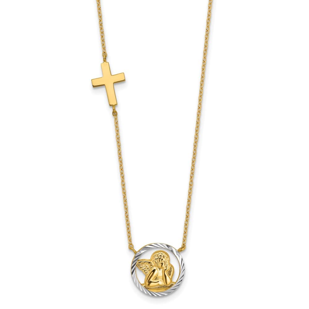 14K Yellow Gold D.C. Angel and Cross 17 inch Necklace