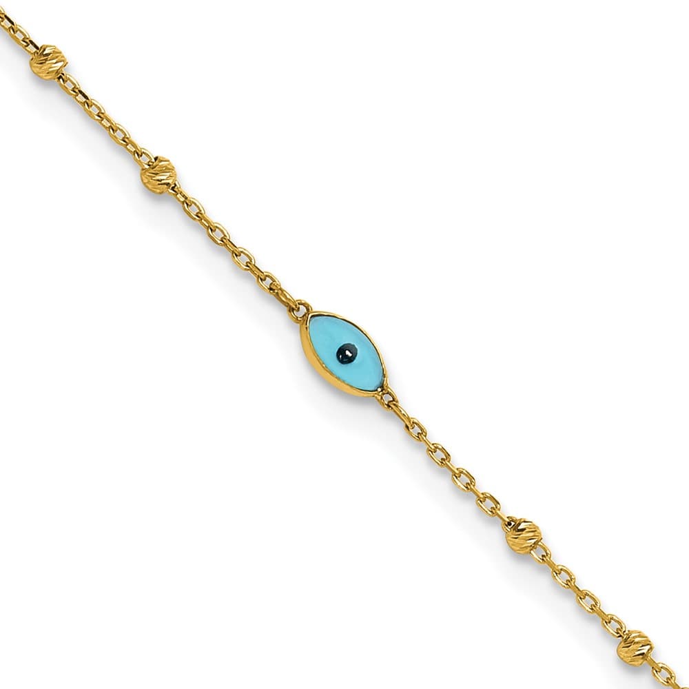 14K Yellow Gold D.C. Bead Stations Blue Glass Evil Eye Anklet — solid 14K yellow gold, 9 inches long, 1 inch extension, 0.8 mm wide, spring ring clasp, 1.10 g