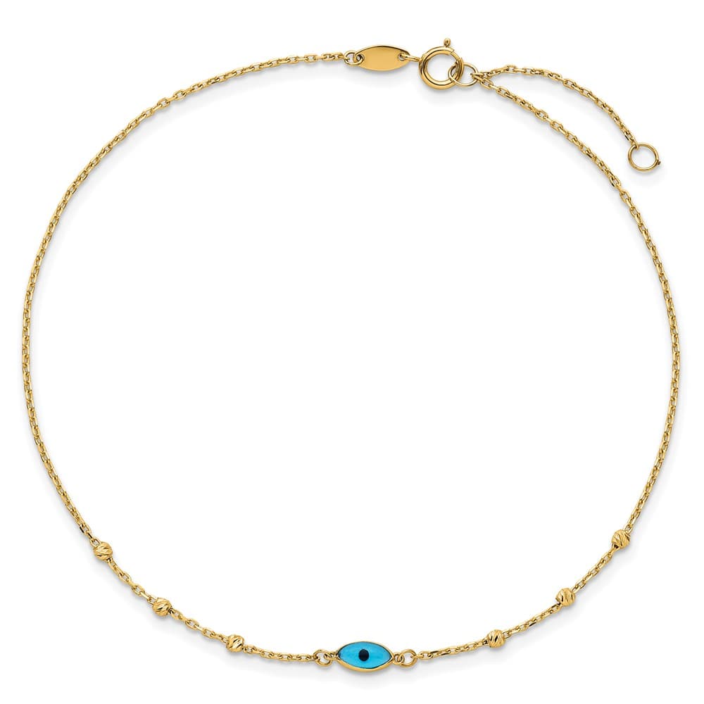 14K Yellow Gold D.C. Bead Stations Blue Glass Evil Eye Anklet