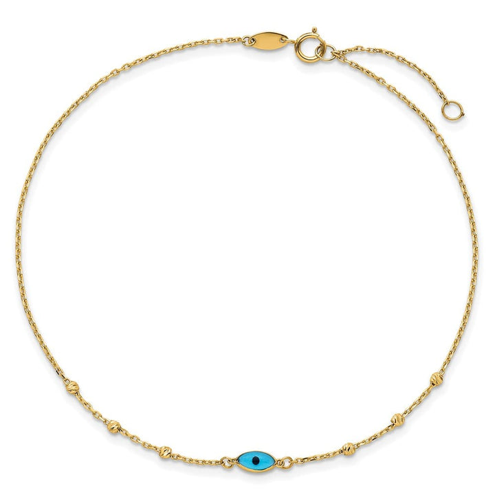 14K Yellow Gold D.C. Bead Stations Blue Glass Evil Eye Anklet