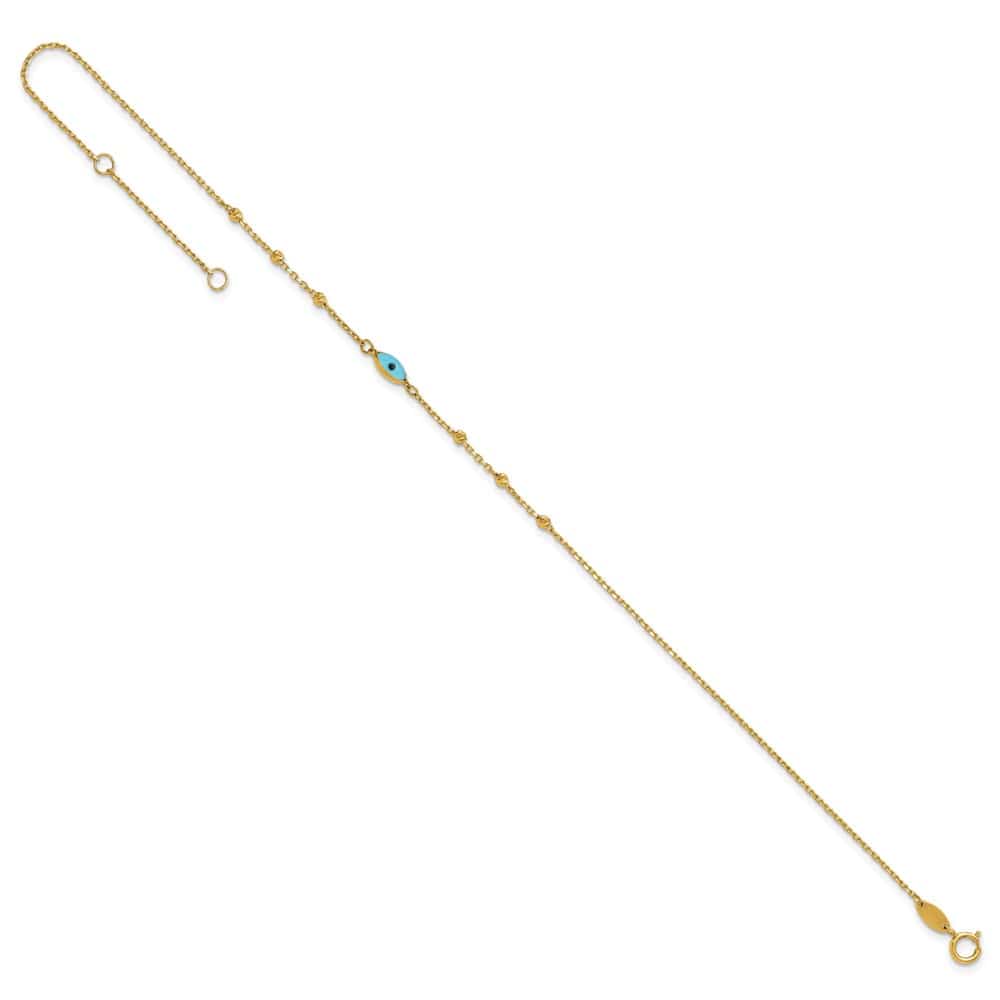 14K Yellow Gold D.C. Bead Stations Blue Glass Evil Eye Anklet