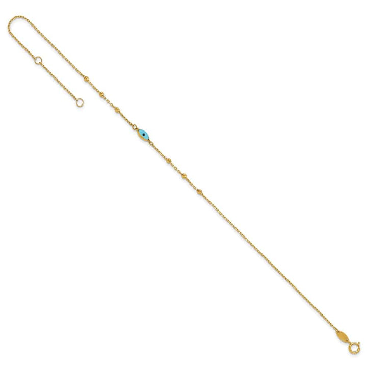 14K Yellow Gold D.C. Bead Stations Blue Glass Evil Eye Anklet