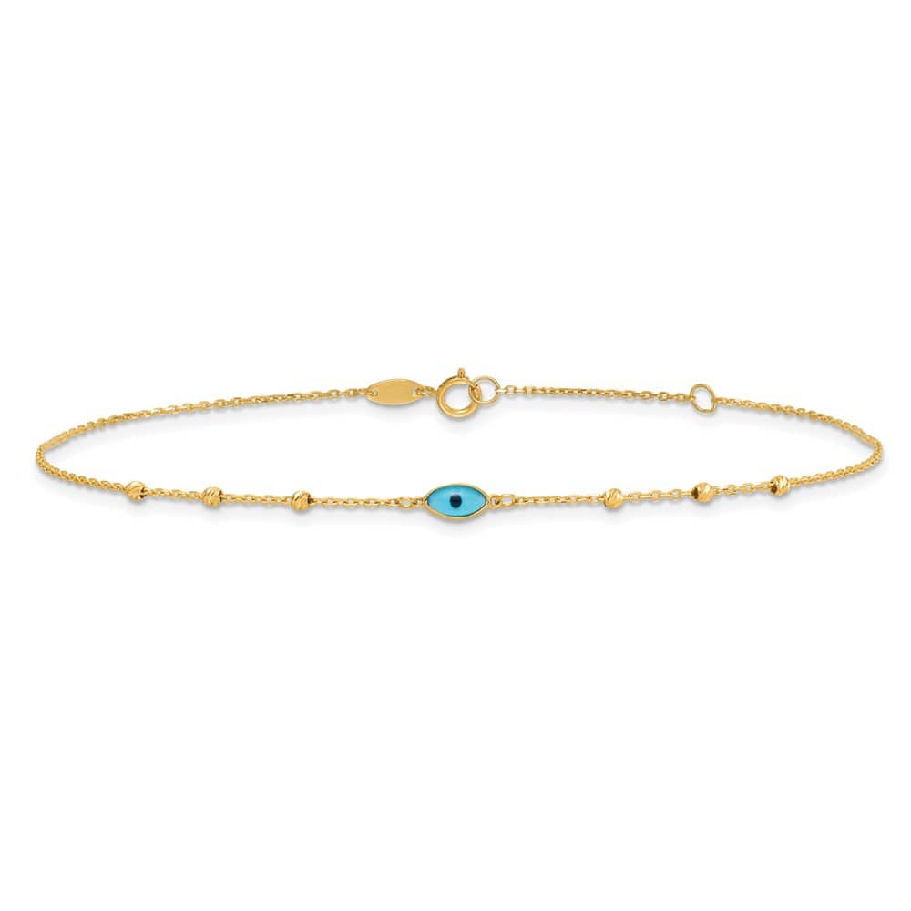 14K Yellow Gold D.C. Bead Stations Blue Glass Evil Eye Anklet