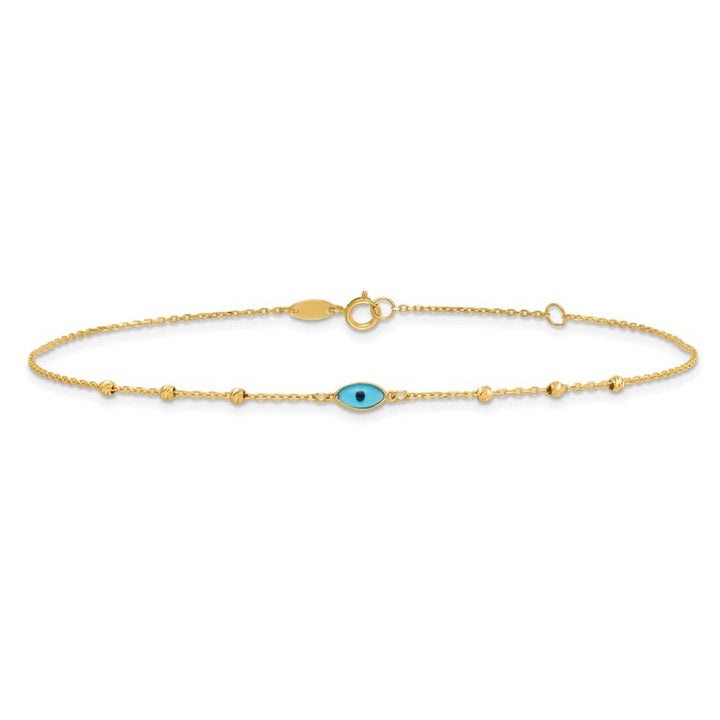 14K Yellow Gold D.C. Bead Stations Blue Glass Evil Eye Anklet