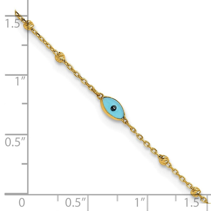 14K Yellow Gold D.C. Bead Stations Blue Glass Evil Eye Anklet