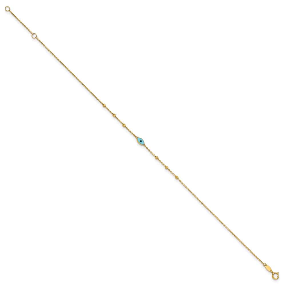 14K Yellow Gold D.C. Bead Stations Blue Glass Evil Eye Anklet