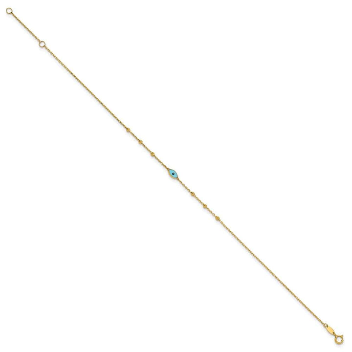 14K Yellow Gold D.C. Bead Stations Blue Glass Evil Eye Anklet