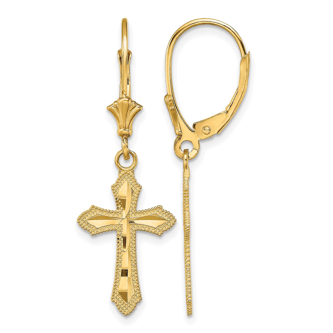 14K Yellow Gold D.C. Beaded Edge Cross Dangle Leverback Earrings