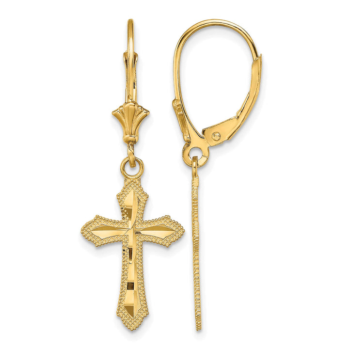 14K Yellow Gold D.C. Beaded Edge Cross Dangle Leverback Earrings