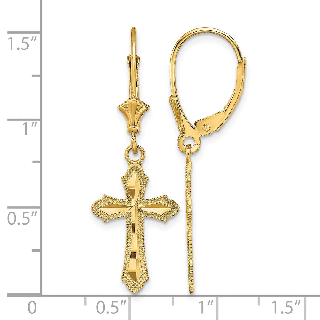 14K Yellow Gold D.C. Beaded Edge Cross Dangle Leverback Earrings
