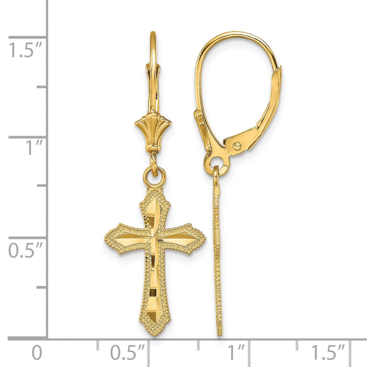 14K Yellow Gold D.C. Beaded Edge Cross Dangle Leverback Earrings