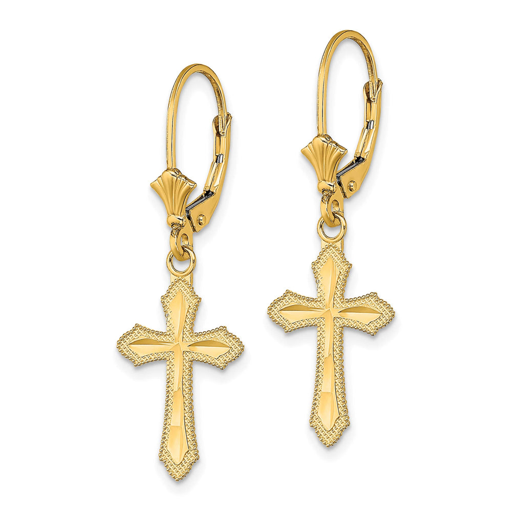 14K Yellow Gold D.C. Beaded Edge Cross Dangle Leverback Earrings