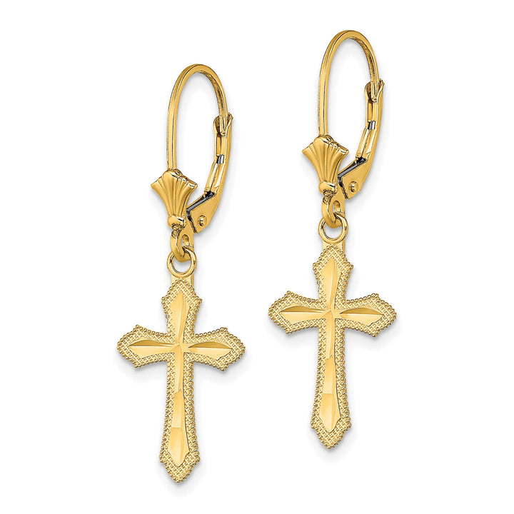 14K Yellow Gold D.C. Beaded Edge Cross Dangle Leverback Earrings
