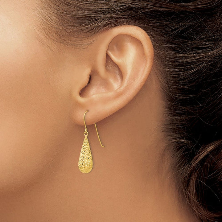 14K Yellow Gold D.C. Puffed Teardrop Dangle French Hook Earrings, view 3 of 4