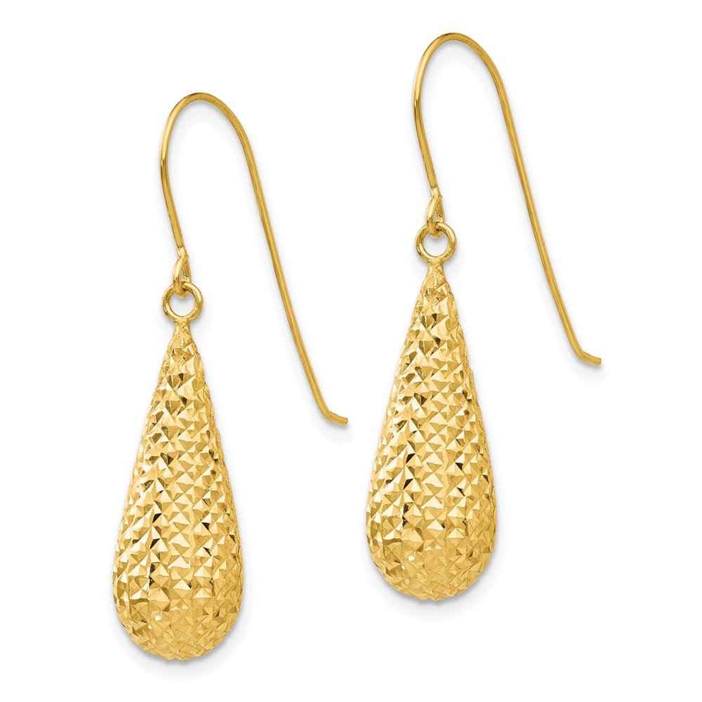 14K Yellow Gold D.C. Puffed Teardrop Dangle French Hook Earrings, view 2 of 4