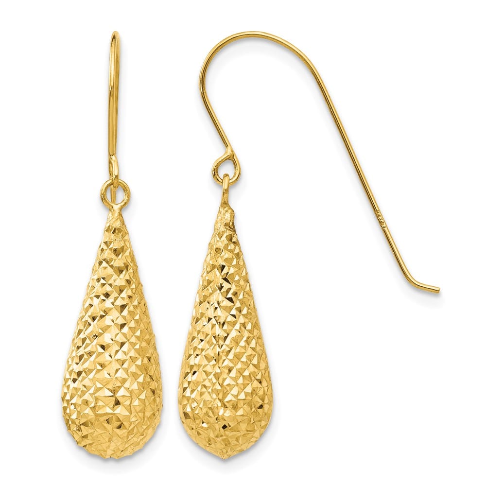 14K Yellow Gold D.C. Puffed Teardrop Dangle French Hook Earrings, view 1 of 4