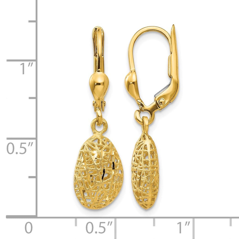14K Yellow Gold D.C. Satin Puffed Oval Dangle Leverback Earrings, view 4 of 4