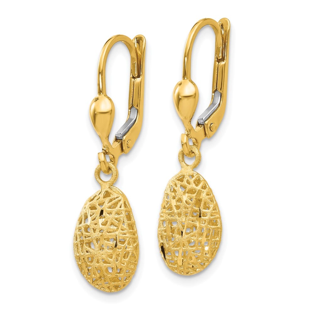 14K Yellow Gold D.C. Satin Puffed Oval Dangle Leverback Earrings, view 2 of 4