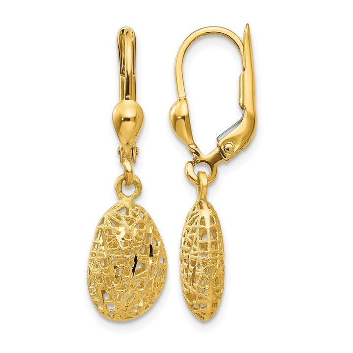 14K Yellow Gold D.C. Satin Puffed Oval Dangle Leverback Earrings, view 1 of 4