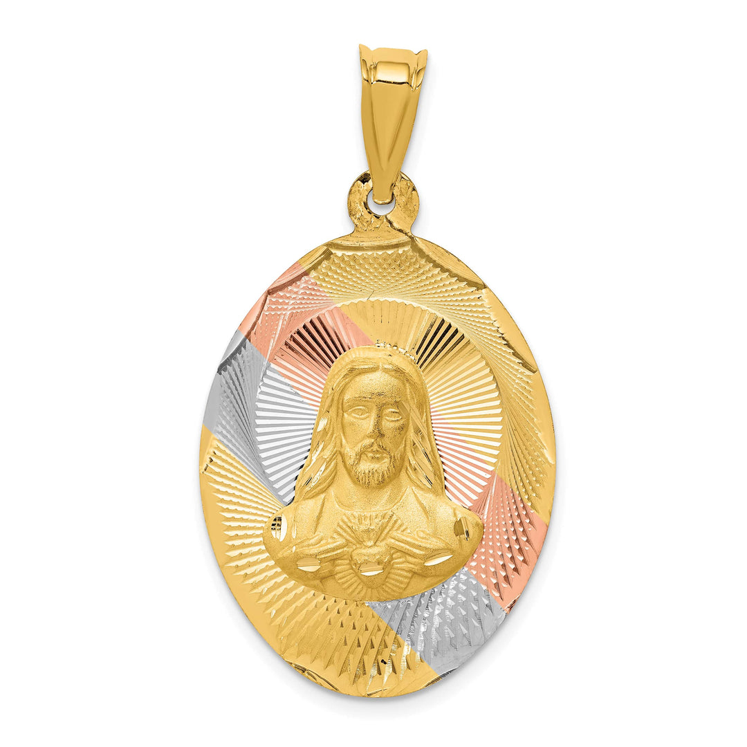 14K Yellow Gold D.C. Solid Large Sagrado Corazon de Jesus Oval Pendant