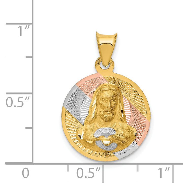 14K Yellow Gold D.C. Solid Sagrado Corazon de Jesus Round Pendant