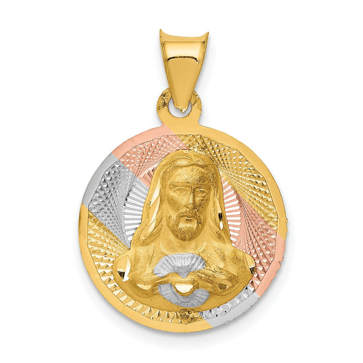 14K Yellow Gold D.C. Solid Sagrado Corazon de Jesus Round Pendant