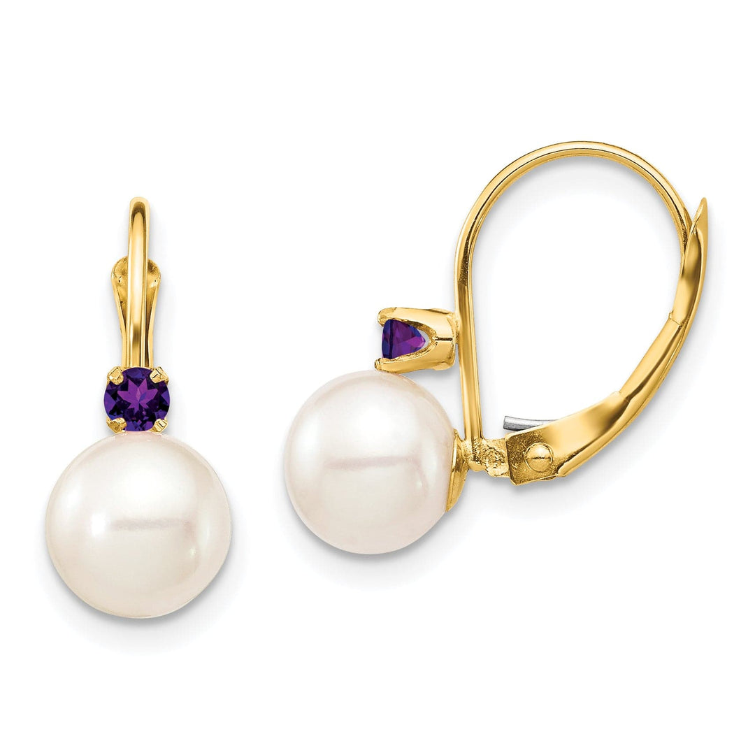 14K Yellow Gold Dainty 7-7.5mm Freshwater Pearl Amethyst Leverbacks