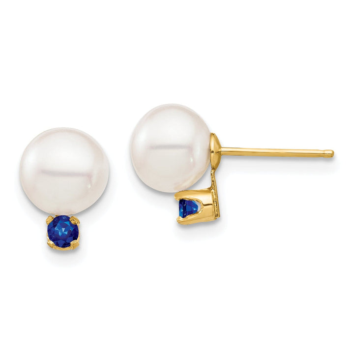 14K Yellow Gold Dainty 7-7.5mm Freshwater Pearl Sapphire Studs