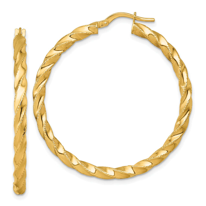 14K Yellow Gold Dainty Diamond-Cut 40mm Twisted Hoops