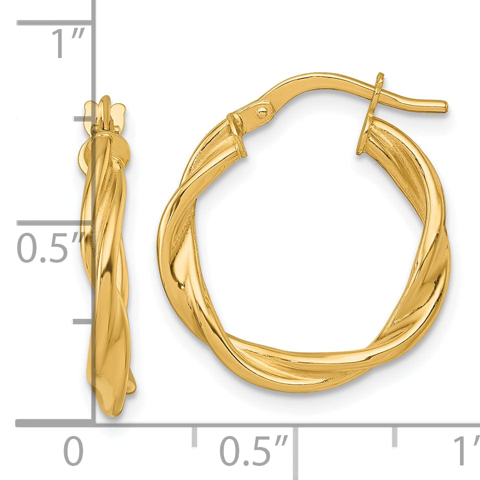 14K Yellow Gold Dainty Polished 19mm Twisted Hoops