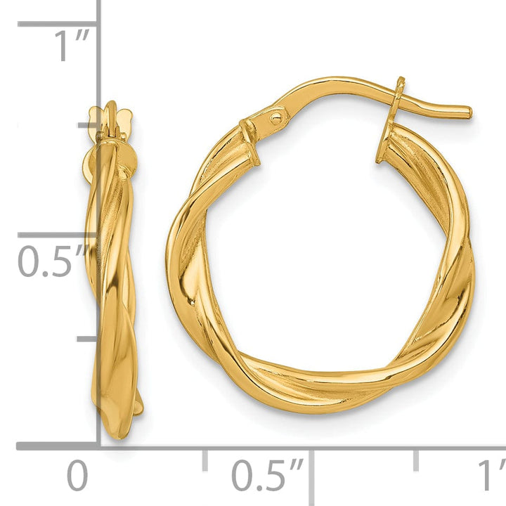 14K Yellow Gold Dainty Polished 19mm Twisted Hoops