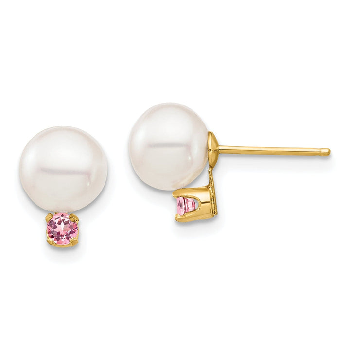 14K Yellow Gold Delicate 7-7.5mm Freshwater Pearl Pink Topaz Studs