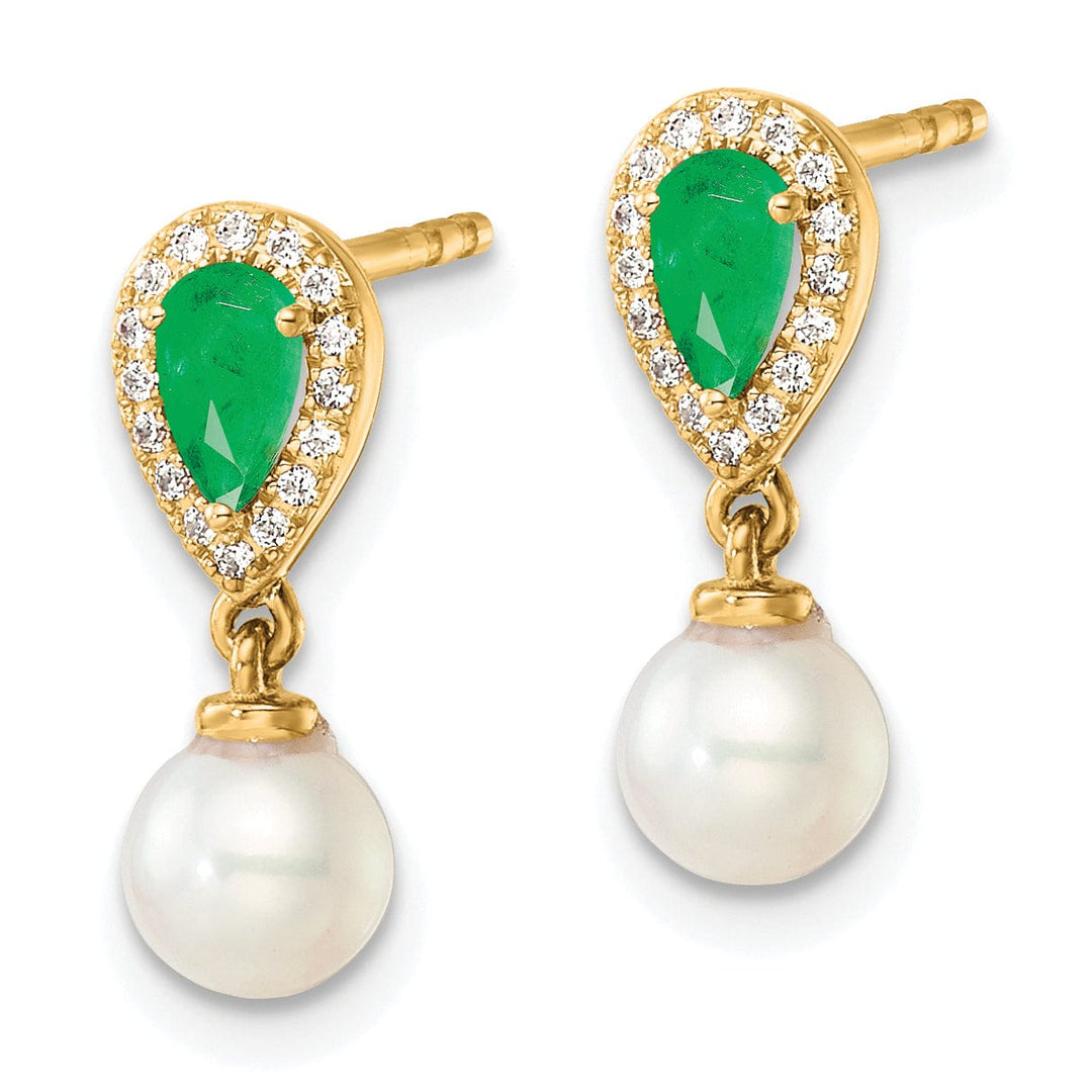 14K Yellow Gold Designer 7mm Pearl Diamond Emerald Dangles