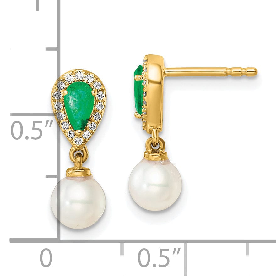 14K Yellow Gold Designer 7mm Pearl Diamond Emerald Dangles
