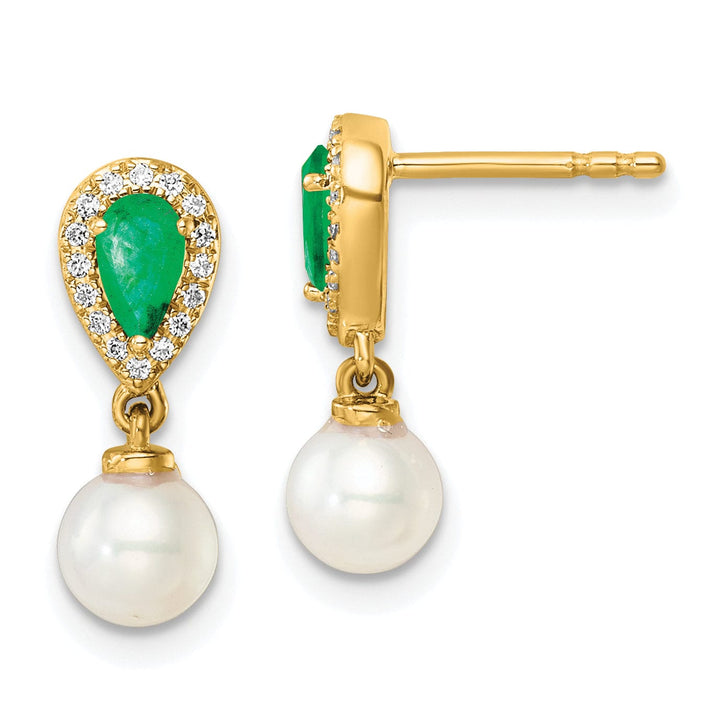 14K Yellow Gold Designer 7mm Pearl Diamond Emerald Dangles