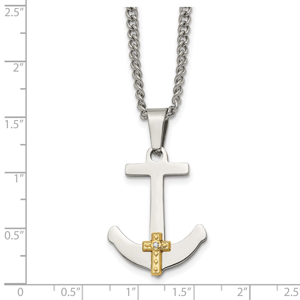 14K Yellow Gold Diamond Anchor Cross on a Curb Chain 24 inch Necklace