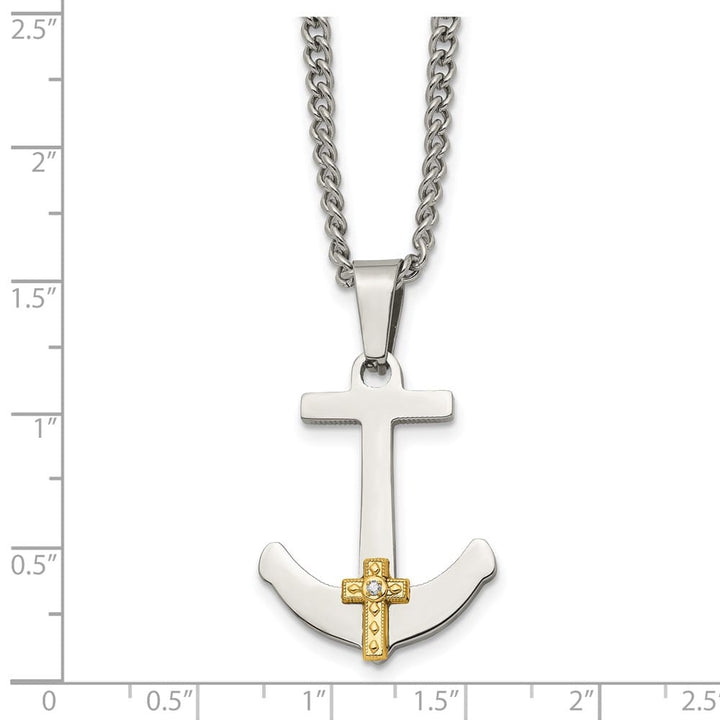 14K Yellow Gold Diamond Anchor Cross on a Curb Chain 24 inch Necklace