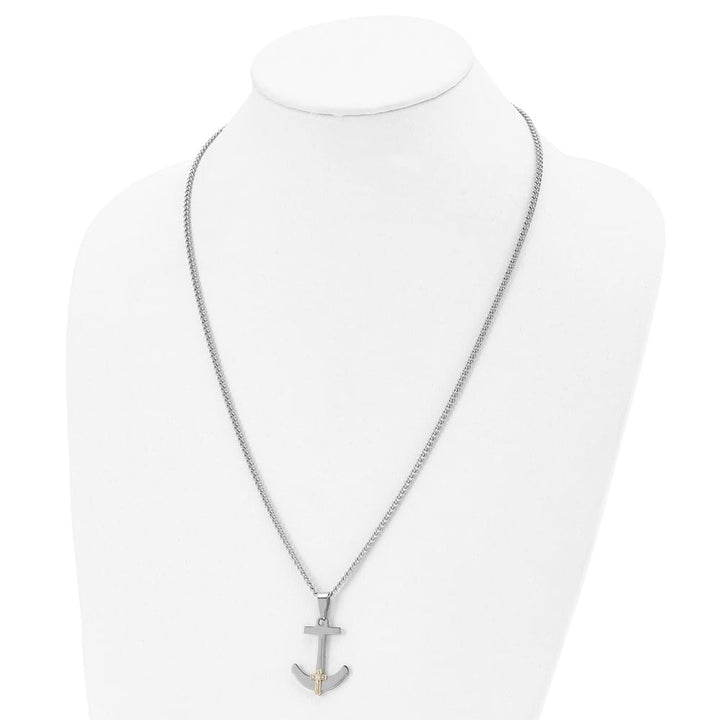 14K Yellow Gold Diamond Anchor Cross on a Curb Chain 24 inch Necklace