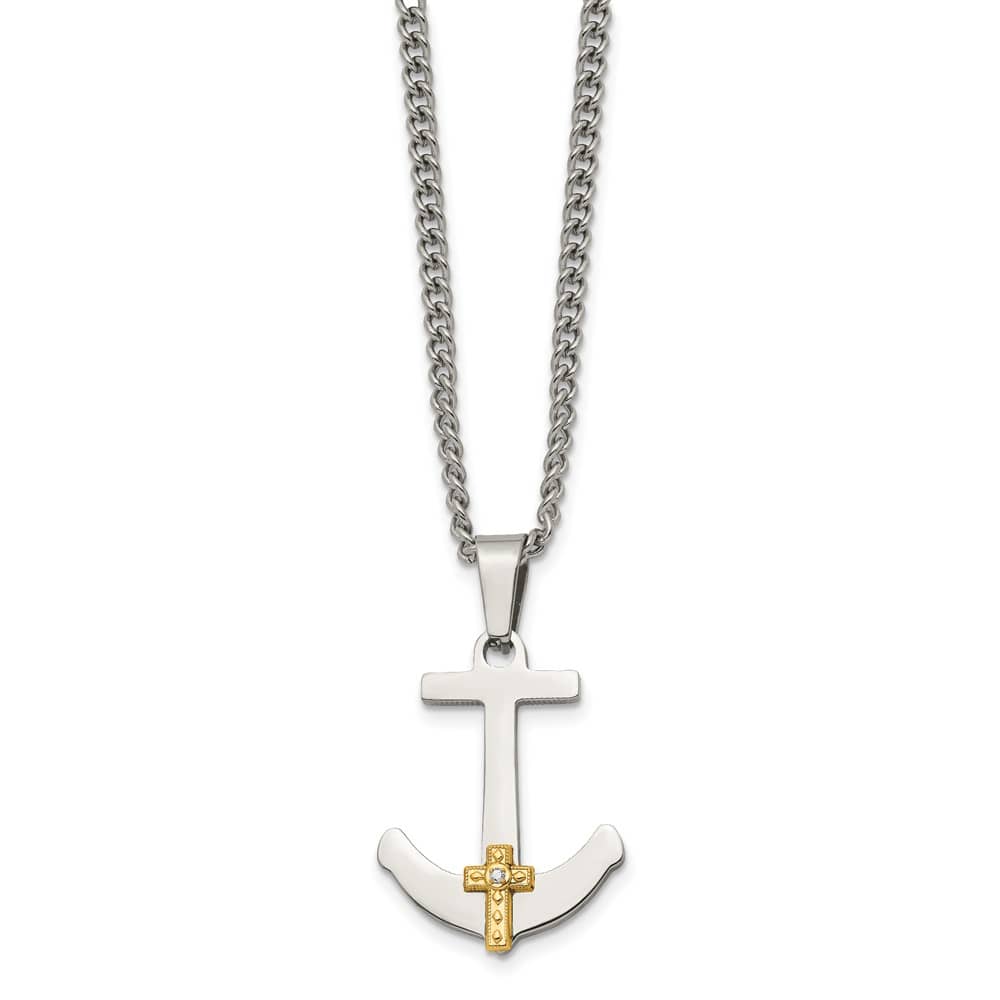 14K Yellow Gold Diamond Anchor Cross on a Curb Chain 24 inch Necklace