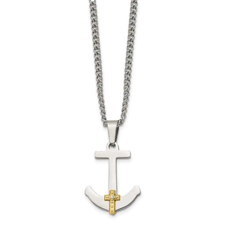 14K Yellow Gold Diamond Anchor Cross on a Curb Chain 24 inch Necklace