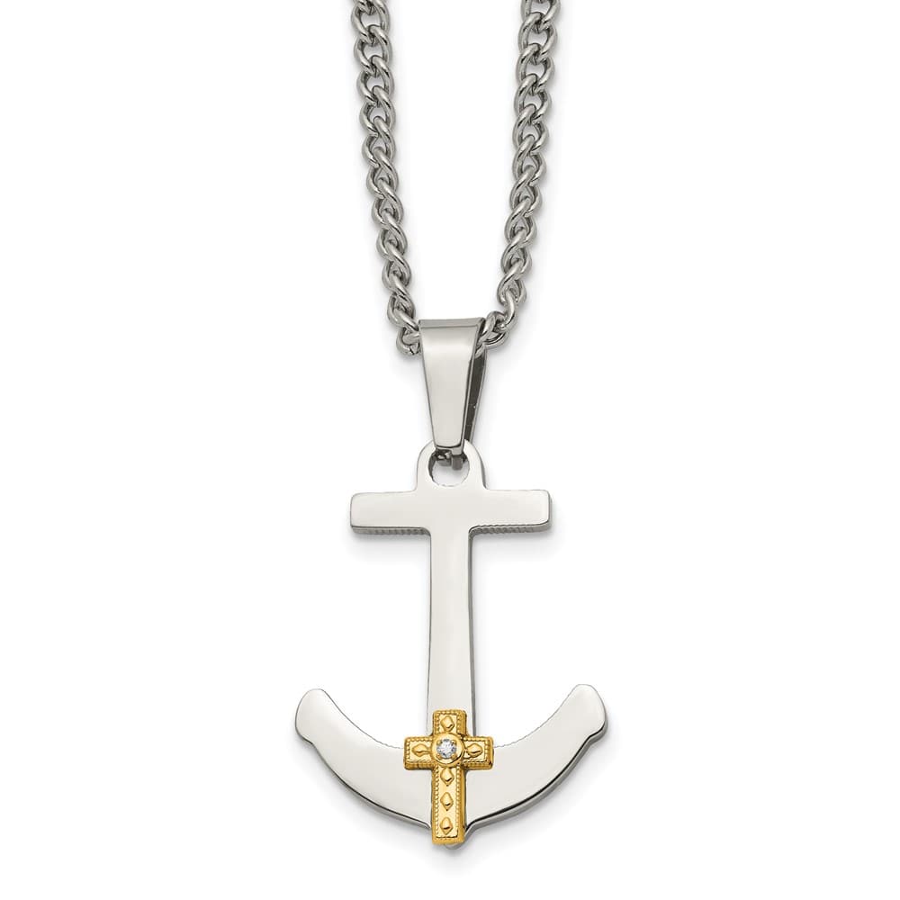14K Yellow Gold Diamond Anchor Cross on a Curb Chain 24 inch Necklace
