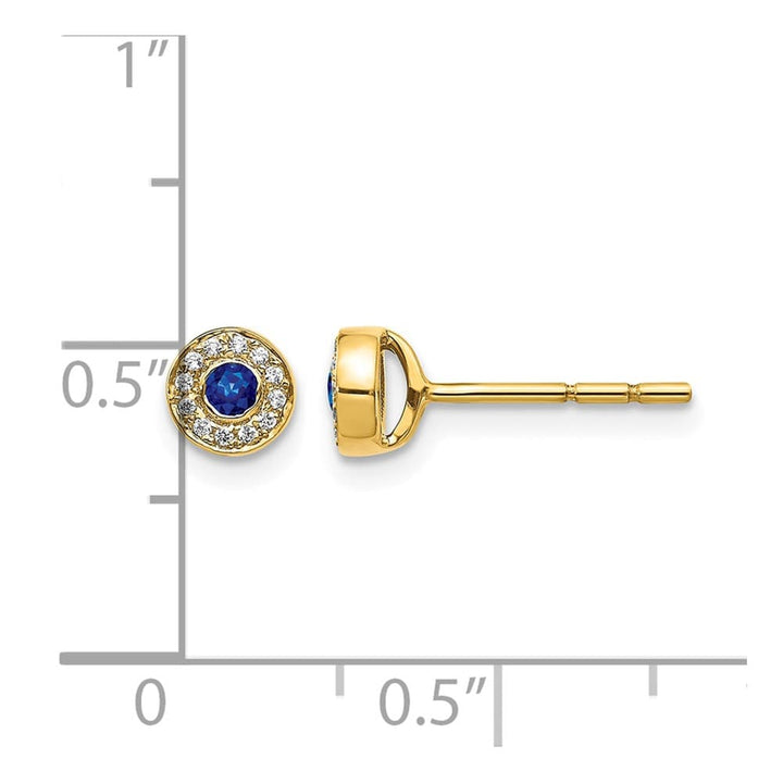 14K Yellow Gold Diamond and 2.3mm Round Sapphire Halo Post Earrings, view 4 of 4