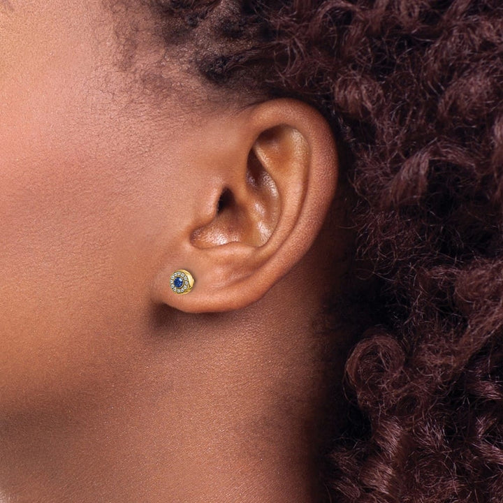 14K Yellow Gold Diamond and 2.3mm Round Sapphire Halo Post Earrings, view 3 of 4