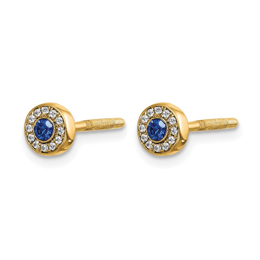 14K Yellow Gold Diamond and 2.3mm Round Sapphire Halo Post Earrings, view 2 of 4