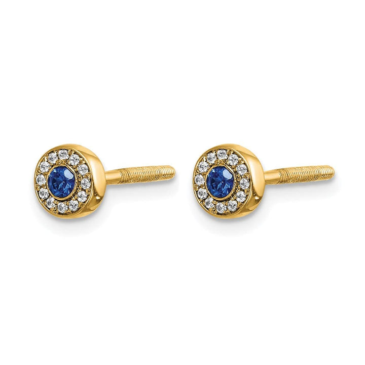 14K Yellow Gold Diamond and 2.3mm Round Sapphire Halo Post Earrings, view 2 of 4